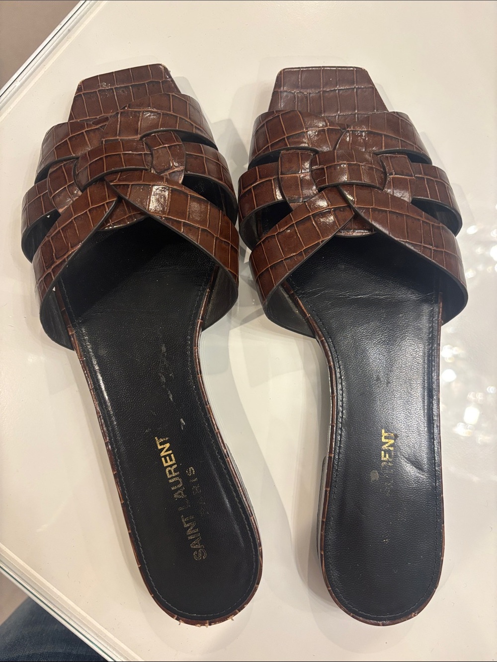 Saint Laurent Brown Croc-Embossed Woven Slide Mules